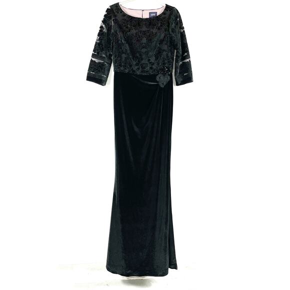 Marchesa Black Velvet Gown Cutwork Floral Embroidered Side Slit Sz 6 - Picture 4 of 10